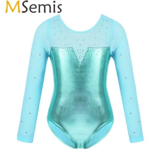 Gymnastics Leotard for Girls teens tutu ballet One-Piece Tulle Long Sleeve Sparkly Rhinestone Metallic Ballet Dance costume Kids