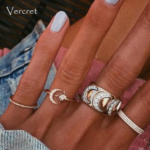 Vercret Sterling Silver Resizable Rings For Women Star Moon Zircon Ring Party Wedding Jewellery Gifts