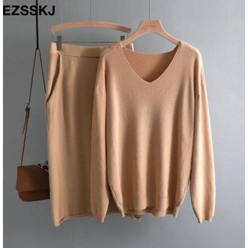 V-neck lazy oversize Sweater suit dress women casual loose sweater +straight skirt with pocket feamle sweater set dress
