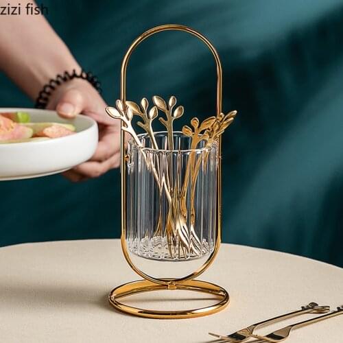 European Stainless Steel Gold Spoon and Fork Set Fruit Fork Metal Glass Storage Bottle Household Tableware Set Kitchen Utensils