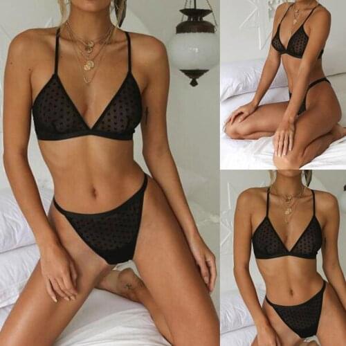 2021 New Fashion Women Sexy Lingerie Set Bra + Thong Two-Piece Mesh Nightwear Underwear Lenceria Sensual Mujer Pijama Black