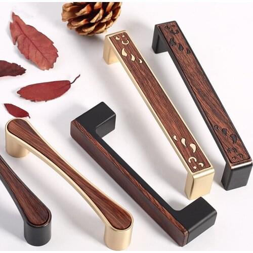 New Chinese Wooden Cabinet Door Handle Modern Simple Wardrobe Cabinet Zinc Alloy Wood Grain Pull Handles for Furniture