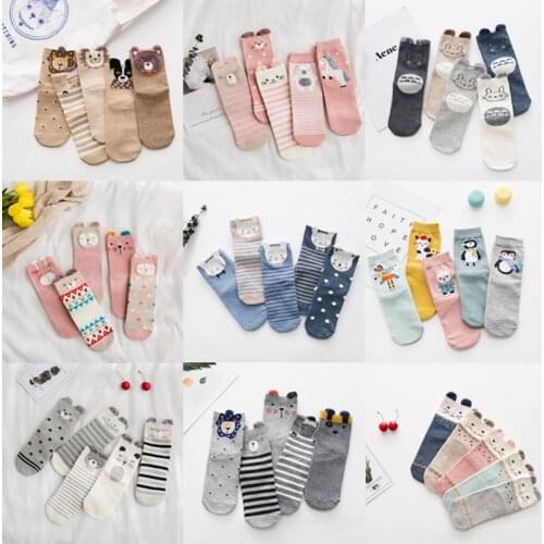 PEONFLY Bear Cat Dragon Cat Rabbit Fox Lion Cartoon Animals Wave Dot Stripe Pattern Three-dimensional Woman Cotton Socks Autumn