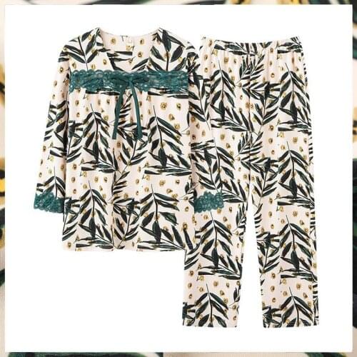 Middle Aged Woman Cotton 2PCS Pajamas Suit Lace Mom Sleepwear Casual Print Full Sleeve Home Wear Spring Autumn Loose Nightwear