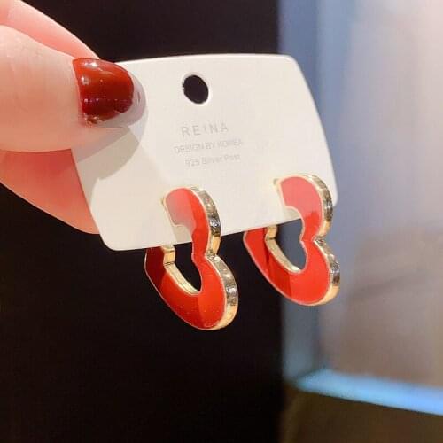 Simple Red Love Heart Earrings Womens Korean-style Personal Influencer Fashion Heart Shaped Ear Studs Earrings