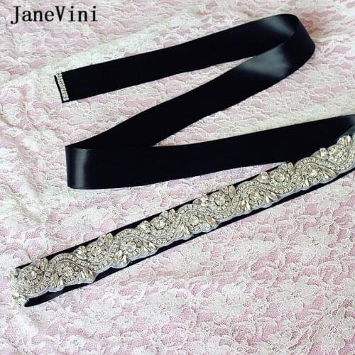 JaneVini Luxury Black Satin Bridal Belt Wedding Rhinestone Sash Beaded Belt Handmade Ribbon Sashes for Wedding Dress Accessories
