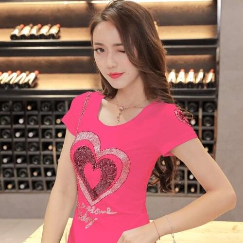 Vetement Femme Diamonds Love letter T-Shirts 2021 women Short Sleeve Rhinestone tshirt Poleras Mujer t shirt Woman Tops clothing