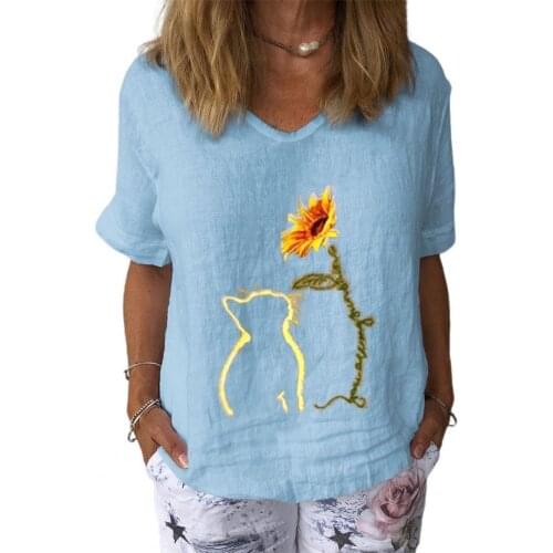 Summer Women T-shirt V Neck Cats Floral Print Short Sleeves Loose v neck, short sleeve floral print casual Top Streetwear 2021