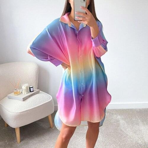 Gradient Color Printing Women Shirt Dress 2021 Summer New Arrivals Turn-down Collar Long Sleeve Single-breasted Loose Dresses