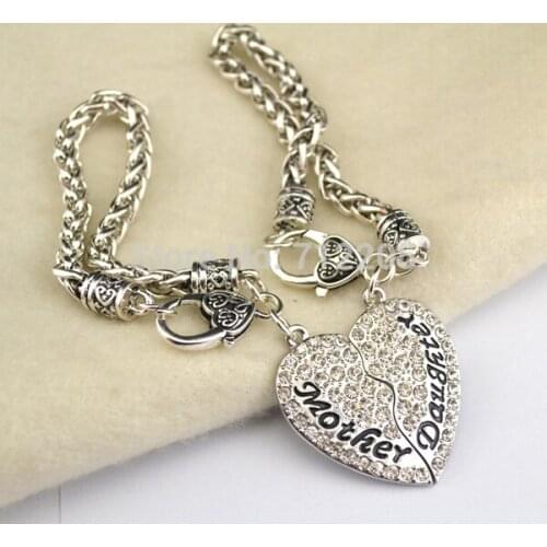 20pcs a lot rhodium plated Mother and Daughter with clear Crystal Heart Pendant Lobster Claw Bracelet(B10117)