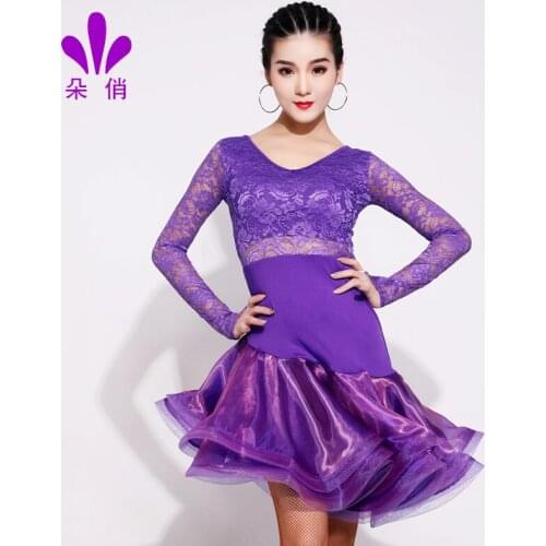 5 Colors Latin Dancing Skirt with Long Lace Sleeves Women V-neck Tango Dance Skirt Standard Practice Wear for Qiaqia B0156