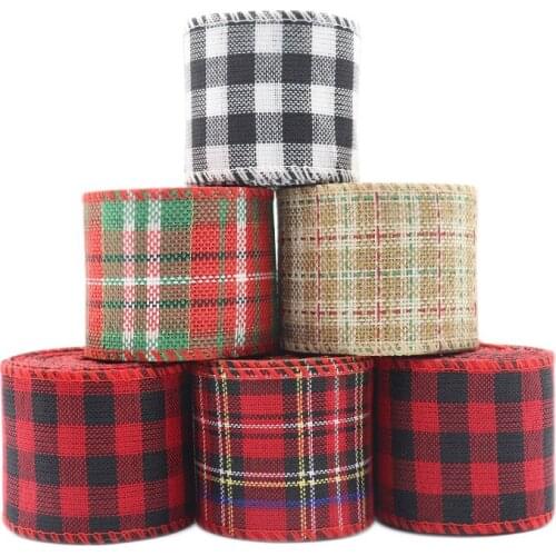 6CM Wire Edge Line Christmas Decors Ribbon Vintage Imitation Hemp Lattice Ribbon for DIY Crafts Bow Handmade Gift Wrap 6M/Roll