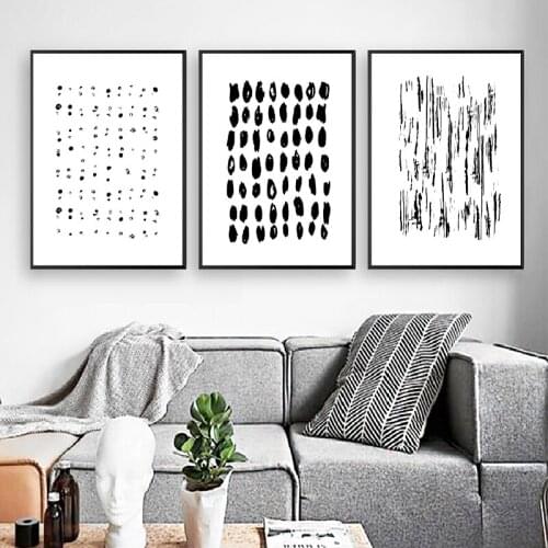 Watercolor Abstract Painting Dots Stripes Black and White Poster Minimalist Wall Art Canvas Print Pictures for Living Room Decor