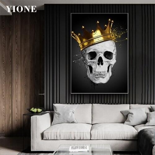 Skull King Abstract Art Canvas Painting Black and White Skeleton with Golden Crown Poster Print Wall Picture for Living Bedroom