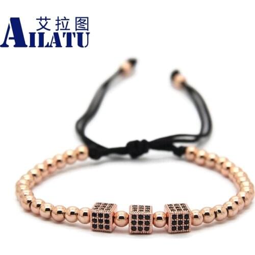 Ailatu New Fashion Men Jewelry 4mm Round Beads Three Micro Pave CZ Charm Square Braiding Macrame Bracelet