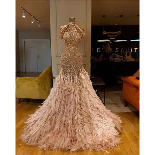 Glitter Gold Sequin Mermaid Feather African Prom Dress Evening Gown Plus Size Graduation Formal Dress