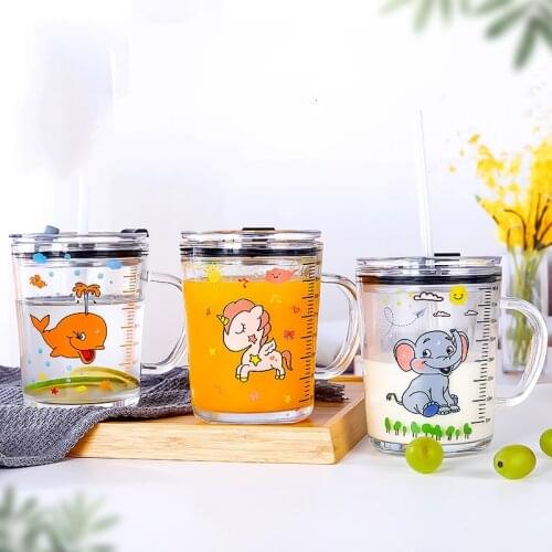 Unicorn / Whale Water Cup Kids Drink Cup Children Cup Milk Breakfast Straw Glass Milk Tea Cup Transparent Lid Cartoon Scale Cup