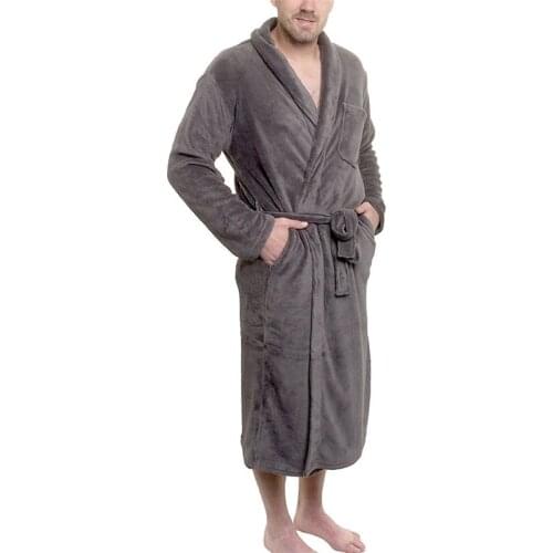 Mens Lengthened Plush Shawl Bathrobe Soft Long Sleeves Waist Belt Robe Home Wear Casual Men Furry Sleepwear Solid Color