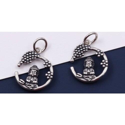 925 Sterling Silver Fancy Cratfwork Vine With Little Buudha Widget Charm Buddhism Prayer Unisex Silver Pendant DIY Jewelry Make