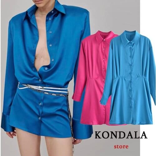 KONDALA Women Chic Blue Stain Sexy Sheath Mini Shirt Dress Za 2021 Single Button Pleated Vintage Dress Stylish Party Vestidos