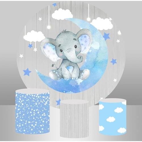 Moon Star Elephant Boy Birthday Round Backdrop Party Decoration Candy Table Baby Shower Circle Background Plinth Cover Elastic