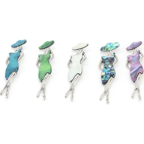 Natural Shell Alloy Metal Pendant Brooch Girl Shape Metal Dyed Abalone Shell Accented Charms for Jewelry Making Ornament