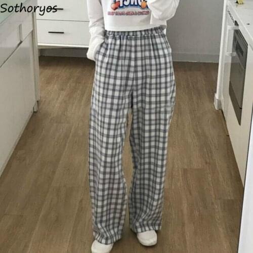 Cusual Pants Women Summer Full-length Loose Straight Elastic High Waist Plaid Korean Style Leisure Chic Retro Comfortable Ladies
