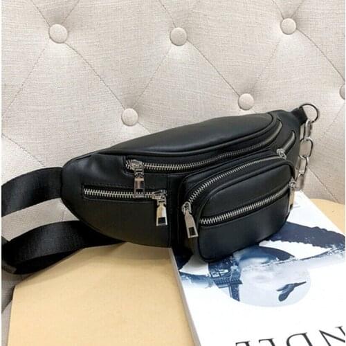 PU Leather Men Waist Bag for Women 2021 New Chain Black Solid Fanny Pack Travel Belt Purse Shoulder Bags Tote Waist Bag Handbag
