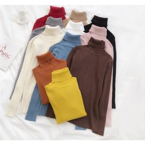 Turtleneck Pullover Womens Tight Korean-Style New Autumn and Winter knitted Pullovers Basic Slim Solid Color Top Sweater women