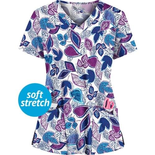 Working Nurse Uniform Tops Leaf Printing T Shirt Short Sleeve Pocket V Neck Nursing Clothes for Women Uniforme Enfermera Mujer