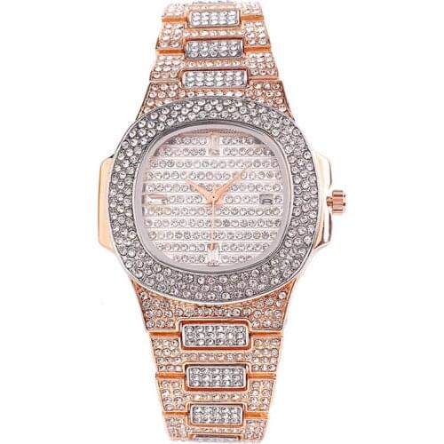 Luxury Men Diamond Watch Gold Sliver Color Top Brand Full Steel Rhinestone Dourado Quartz Wristwatch Fashion Diamond Watch