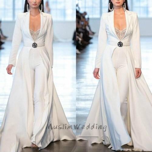 Chic Jumpsuit White Prom Dress With Pant Suit Elegant Long Sleeve Overskirt Dubai Evening Gown 2021 Deep V Neck Satin Party Wear
