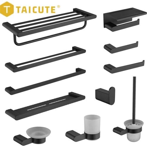 TAICUTE Black Bathroom Accessories Hardware Sets Premium Stainless Steel Towel Rack Bar Hook Toilet Paper Roll Holder Brush