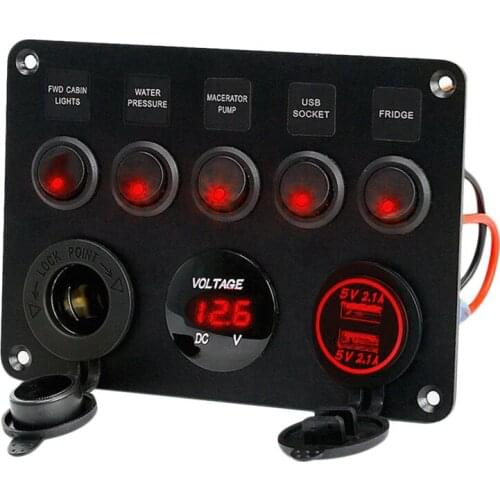 Dual USB Socket Charger 2.1A&+LED Volt+12V Power Outlet+5 Gang ON-OFF Toggle Switch Panel for Car Boat Marine RV Truck#288304