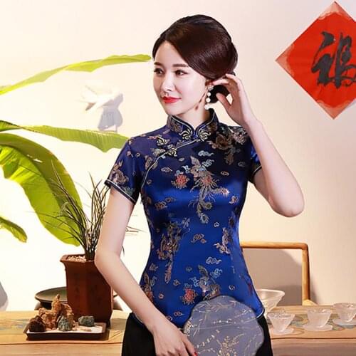Women Chinese Short Sleeve Stand Collar Dragon Phoenix Print Ethnic Blouse Shirt Chinese cheongsam stand collar shirt top print