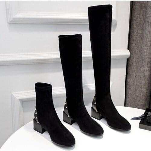 2021 Black Women Stretch Boots Faux Suede Comfort Square Low Heel Knee High Boots Fashion Slip On Rivet Autumn Winter Shoes Lady