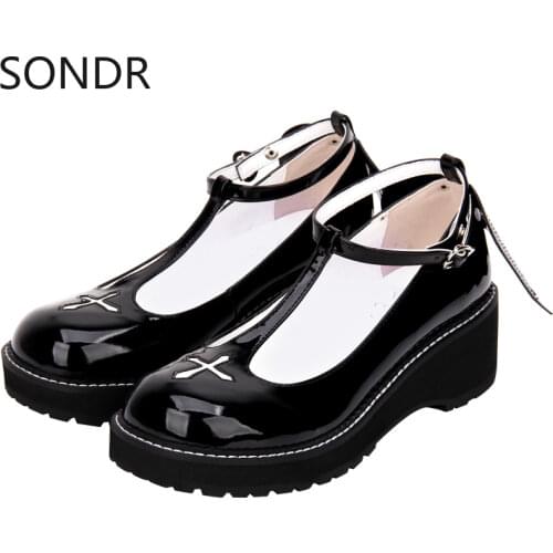 Womens Lolita Round Toe Gothic Cross Punk Pumps Platform Bat Wings Platform High Heel Shoes Creepers Japanese Harajuku Cosplay