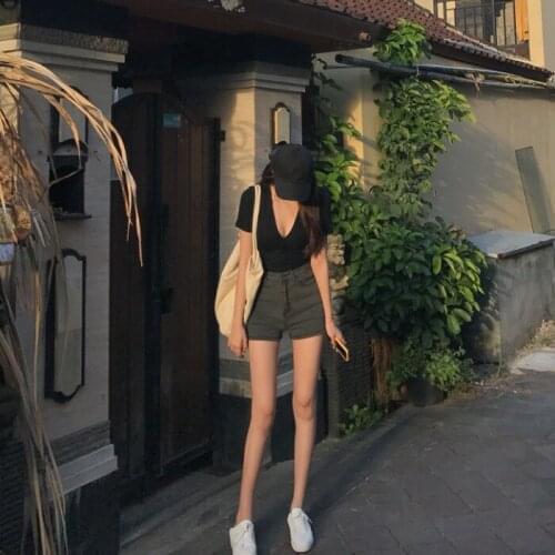 2020 high-waist thin skinny straight-leg Slim thin and tall black wide leg shorts