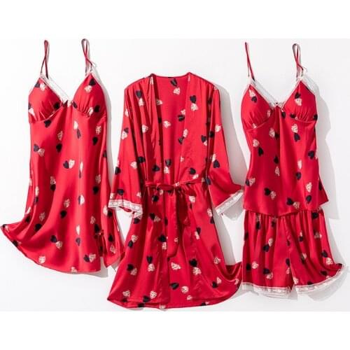 Summer 4 Pieces/set Women Pajamas Sets Satin Lace Sexy Pijama Pyjama Mujer Pyjamas For Women Silk Print Sleepwear