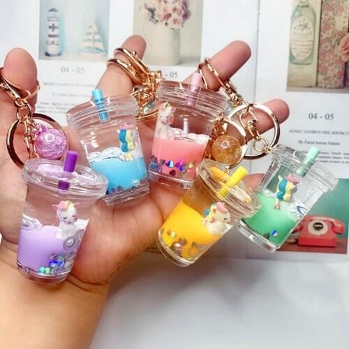 Creative Mini Soft Drink Keychain Coconut Milk Tea Beverage Bubble Tea Acrylic Moving Liquid Oil Drop Decompression Jewelry Gift