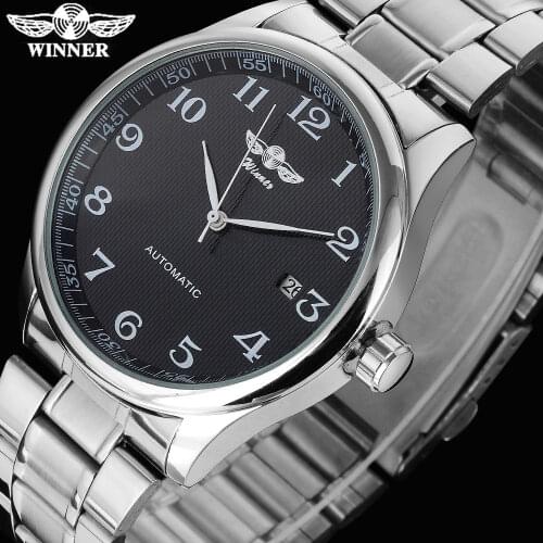 WINNER famous brand men business automatic self wind watches auto date man fashion mechanical wristwatches stainless steel band