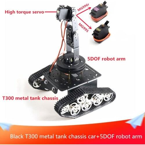 Black T300 Metal Tank Chassis Car+5DOF Robot Arm Mobile/Rotating Gimbal Kit 2pcs 9V Motors and High Torque Servo Remote Control