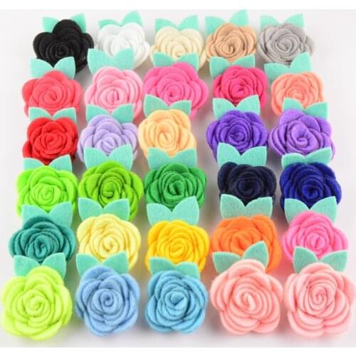 Yundfly 20PCS Handmade Non Woven Fabric Rose Flowers with Green Leaf Flat Back For Baby Girls DIY Garments Hair Accessories