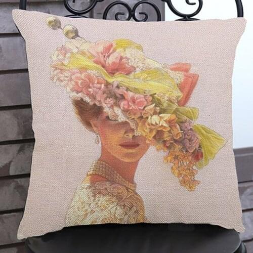 European Ladys Portrait in Hat Decorative Pillows For Home Car Chair Cushion Cover Fashionable Pillow Case Home Decor 45x45cm