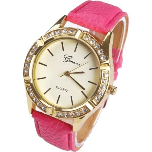 Gnova Platinum Rhinestone Golden Watch Women Geneva Style 7 point stars Crystal Rim PU leather Quartz Fashion Woman wristwatch