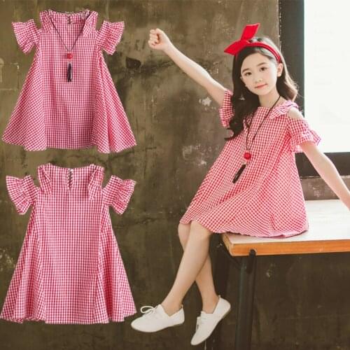 Cotton Girl Plaid Dress 2020 Summer New Girl Clothes Casual Sundress Short Sleeve Strapless Dress Princess Dress with Necklace