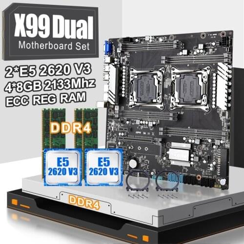 JINGSHA X99 Dual CPU Motherboard Set LGA 2011-3 With E5 2620V3 Processor And DDR4 4*8GB ECC REG RAM 2133 MHz Support E5V4 Series