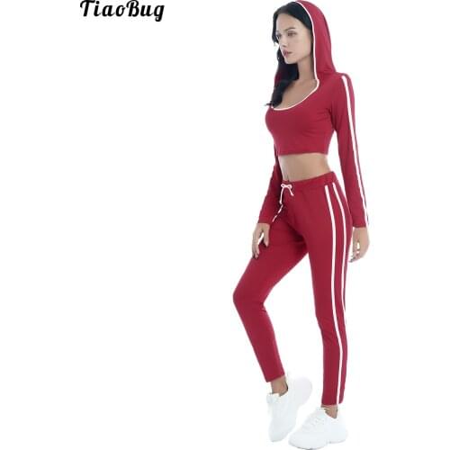 TiaoBug Summer 2Pcs Women Sportswear Suit Hooded Hoodie U Neck Long Sleeves Cropped Top Pants Sets For Yoga Running Gym Fitness
