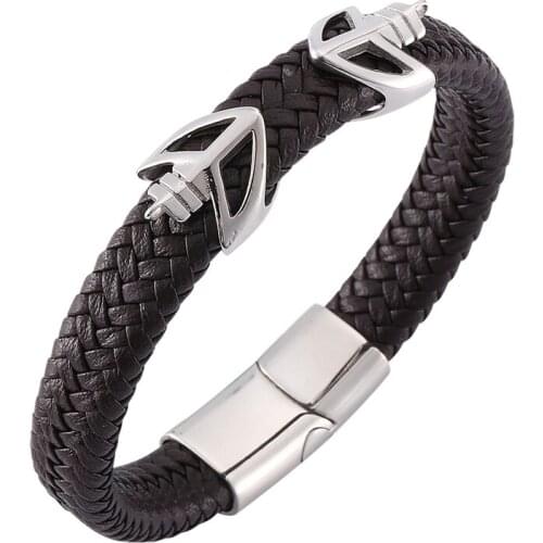 Simple Style Brown Braided Leather Bracelet Trendy Men Jewelry Punk Stainless Steel Magnetic Clasp Man Wristband Bracelet SP0127