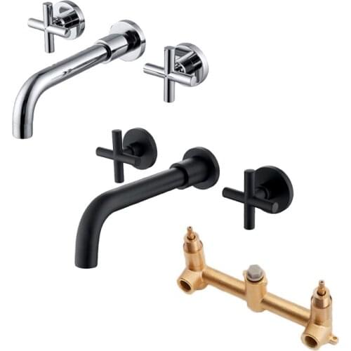 Wall Mounted Bathroom Basin Faucet Brass Dual Handle Sink Faucet Cold and Hot Water Mixer Tap Bathtub Basin Faucet Double Hole